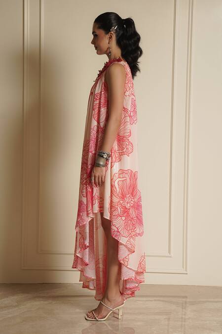 Vesture_Cream Georgette Beads, Sequins One Blossom Bonanza Print Asymmetric Kaftan Dress _Online_at_Aza_Fashions