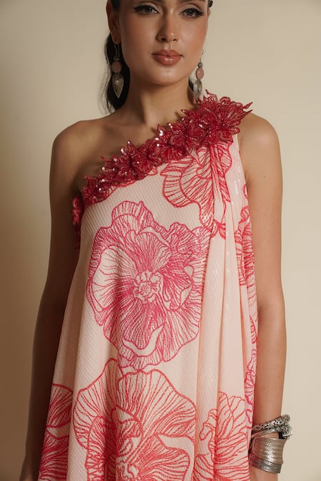 Buy_Vesture_Cream Georgette Beads, Sequins One Blossom Bonanza Print Asymmetric Kaftan Dress _Online_at_Aza_Fashions