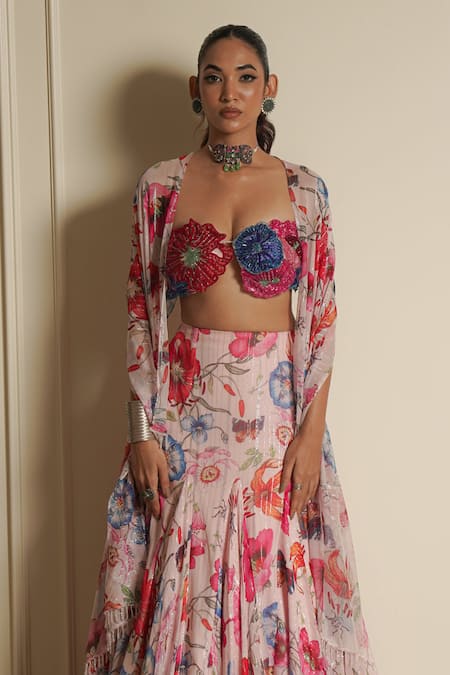 Vesture Pink Chiffon Crystals, Tassels, Beads, Wild Flower Wonders Lehenga Set Online at Aza Fashions Vesture_Pink Chiffon Crystals, Tassels, Beads, Wild Flower Wonders Lehenga Set _Online_at_Aza_Fashions