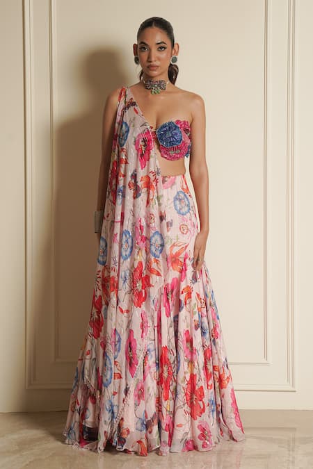 Buy_Vesture_Pink Chiffon Crystals, Tassels, Beads, Wild Flower Wonders Lehenga Set _Online_at_Aza_Fashions