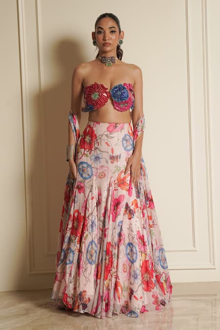 Shop_Vesture_Pink Chiffon Crystals, Tassels, Beads, Wild Flower Wonders Lehenga Set _Online_at_Aza_Fashions