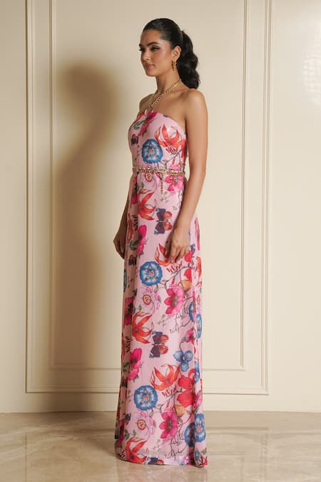 Buy_Vesture_Pink Georgette Chains Halter Neck Petal Pizza Floral Print Jumpsuit _Online_at_Aza_Fashions