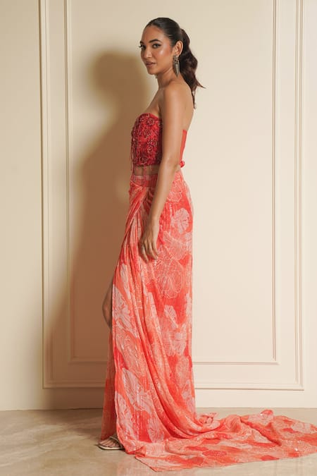 Vesture_Orange Chiffon Crystals, Beads, Floral Carnation Print Draped Skirt With Corset _Online_at_Aza_Fashions