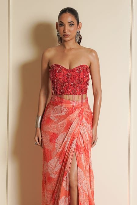 Buy Vesture Orange Chiffon Crystals, Beads, Floral Carnation Print Draped Skirt With Corset Online at Aza Fashions Buy_Vesture_Orange Chiffon Crystals, Beads, Floral Carnation Print Draped Skirt With Corset _Online_at_Aza_Fashions