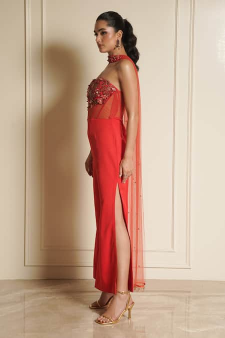 Vesture_Orange Net, Satin Embroidery, Beads, Pearls Cherry Jumpsuit With Dupatta _Online_at_Aza_Fashions