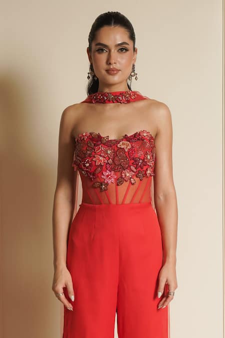 Buy_Vesture_Orange Net, Satin Embroidery, Beads, Pearls Cherry Jumpsuit With Dupatta _Online_at_Aza_Fashions