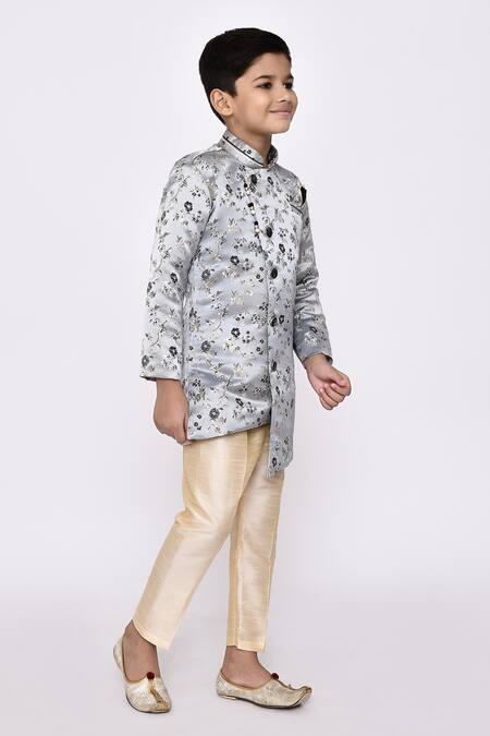 Buy_Petite Pomme_Beige Silk Embroidery Floral Woven Asymmetric Sherwani With Pyjama _Online_at_Aza_Fashions
