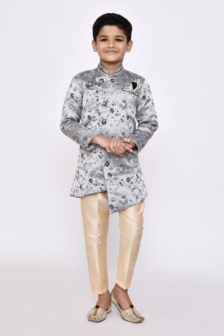 Petite Pomme_Beige Silk Embroidery Floral Woven Asymmetric Sherwani With Pyjama _at_Aza_Fashions