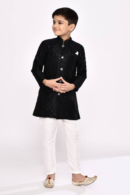 Buy_Petite Pomme_Black Silk Embroidery Geometric Threadwork Sherwani With Pyjama _Online_at_Aza_Fashions