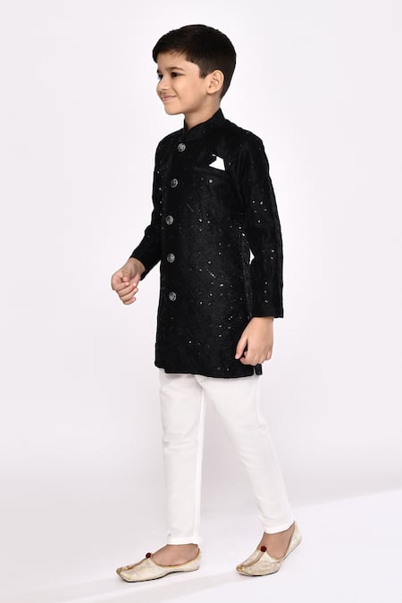 Shop_Petite Pomme_Black Silk Embroidery Geometric Threadwork Sherwani With Pyjama _Online_at_Aza_Fashions