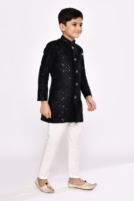 Petite Pomme_Black Silk Embroidery Geometric Threadwork Sherwani With Pyjama _at_Aza_Fashions