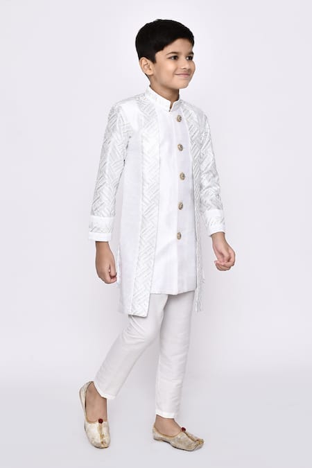 Shop_Petite Pomme_Off White Silk Sequin Threadwork Layered Sherwani With Pyjama _Online_at_Aza_Fashions