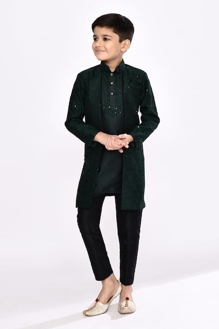 Buy_Petite Pomme_Green Silk Embroidery Sequin Threadwork Layered Sherwani With Pyjama _Online_at_Aza_Fashions