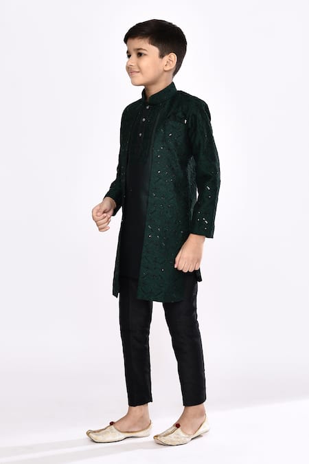 Shop_Petite Pomme_Green Silk Embroidery Sequin Threadwork Layered Sherwani With Pyjama _Online_at_Aza_Fashions
