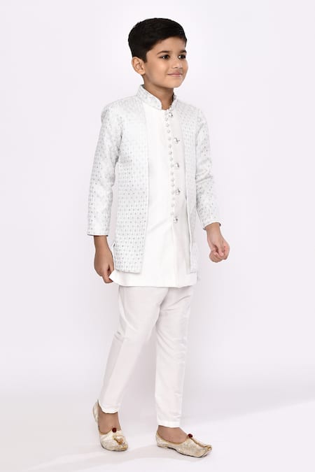Shop_Petite Pomme_Off White Silk, Brocade Beads Vine Woven Layered Sherwani With Pyjama _Online_at_Aza_Fashions