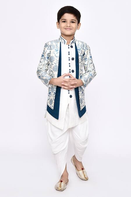 Petite Pomme_Off White Silk, Jacquard Botanic Pattern Layered Sherwani With Dhoti Pant _Online_at_Aza_Fashions