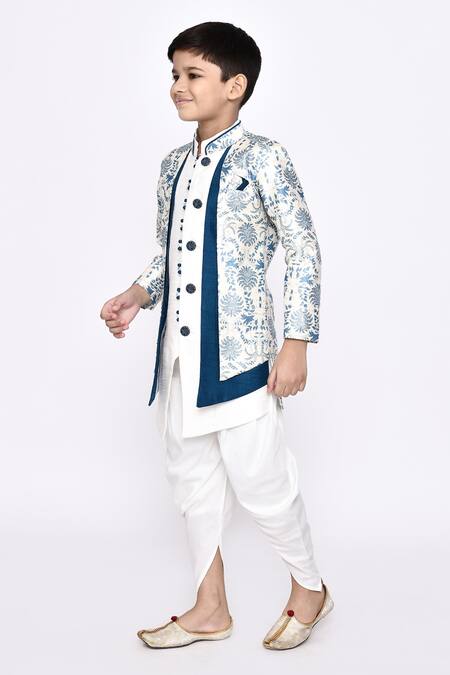 Buy_Petite Pomme_Off White Silk, Jacquard Botanic Pattern Layered Sherwani With Dhoti Pant _Online_at_Aza_Fashions