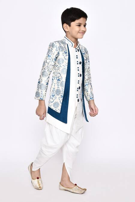 Shop_Petite Pomme_Off White Silk, Jacquard Botanic Pattern Layered Sherwani With Dhoti Pant _Online_at_Aza_Fashions