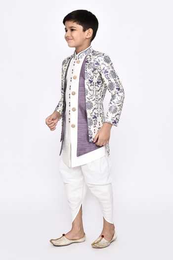 Petite Pomme_Off White Silk Embroidery Layered Botanic Pattern Sherwani With Dhoti Pant _Online_at_Aza_Fashions