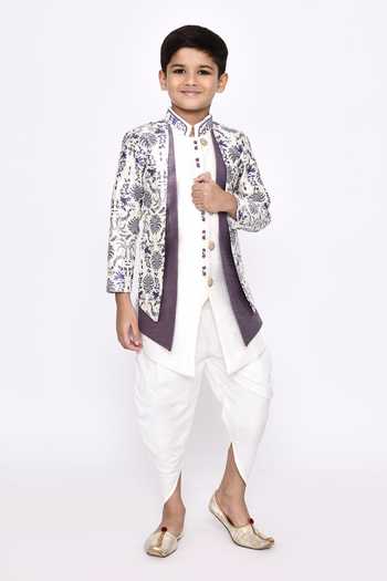 Shop_Petite Pomme_Off White Silk Embroidery Layered Botanic Pattern Sherwani With Dhoti Pant _Online_at_Aza_Fashions