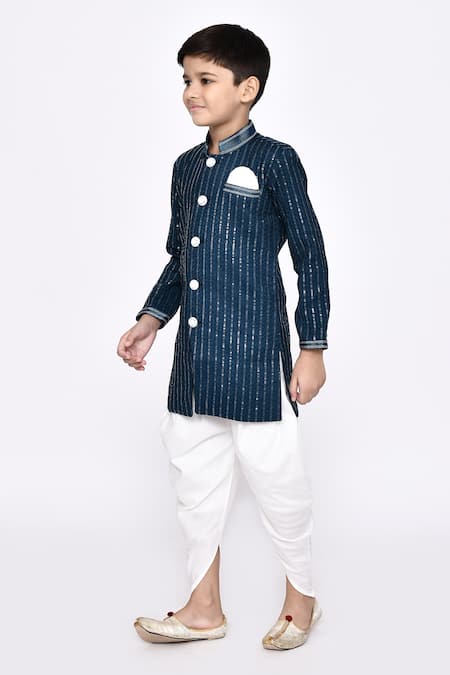 Petite Pomme_Blue Silk Sequins, Embroidery Threadwork Sherwani With Dhoti Pant _Online_at_Aza_Fashions