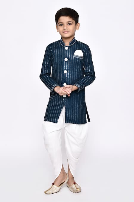 Buy_Petite Pomme_Blue Silk Sequins, Embroidery Threadwork Sherwani With Dhoti Pant _Online_at_Aza_Fashions