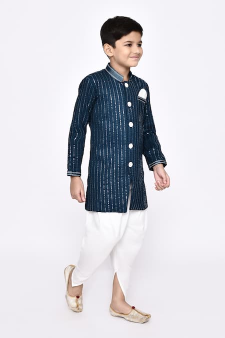 Shop_Petite Pomme_Blue Silk Sequins, Embroidery Threadwork Sherwani With Dhoti Pant _Online_at_Aza_Fashions