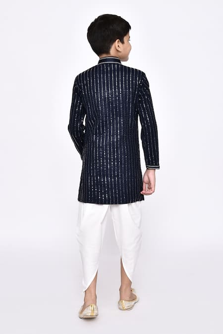 Shop_Petite Pomme_Blue Silk Sequins Threadwork Sherwani With Dhoti Pant _at_Aza_Fashions