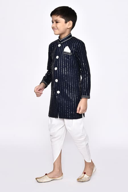 Petite Pomme_Blue Silk Sequins Threadwork Sherwani With Dhoti Pant _Online_at_Aza_Fashions