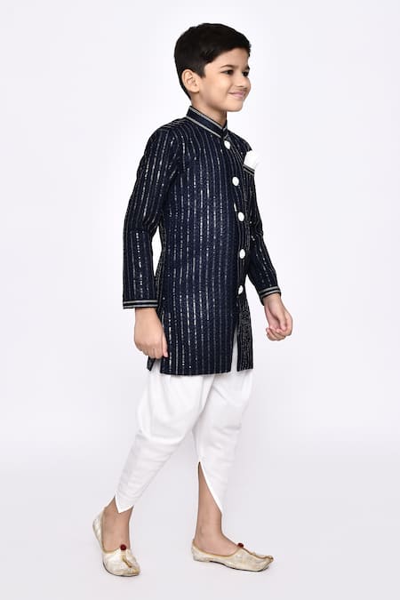 Buy_Petite Pomme_Blue Silk Sequins Threadwork Sherwani With Dhoti Pant _Online_at_Aza_Fashions