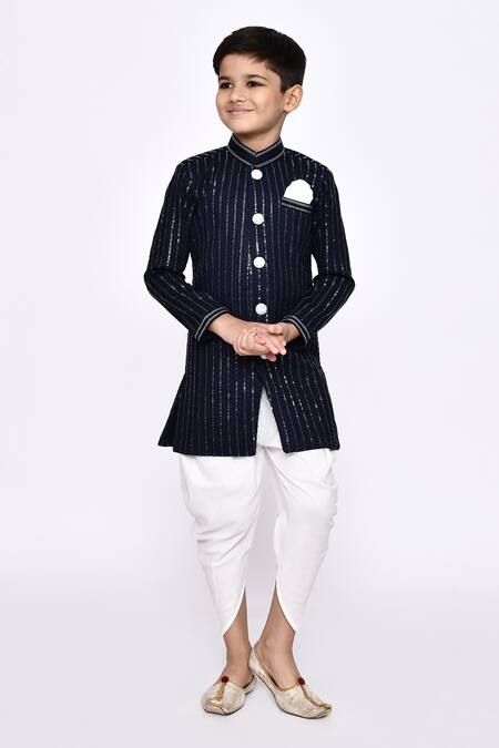 Shop_Petite Pomme_Blue Silk Sequins Threadwork Sherwani With Dhoti Pant _Online_at_Aza_Fashions