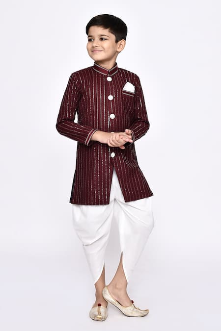 Petite Pomme_Maroon Silk Sequins Striped Sherwani With Dhoti Pant _Online_at_Aza_Fashions