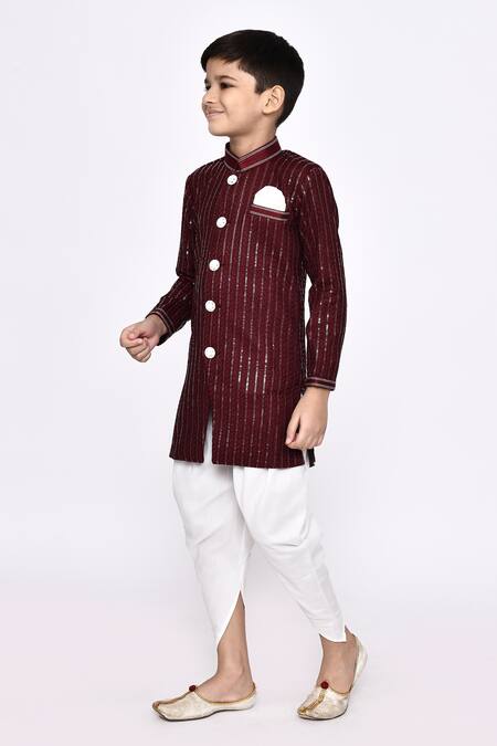 Buy_Petite Pomme_Maroon Silk Sequins Striped Sherwani With Dhoti Pant _Online_at_Aza_Fashions