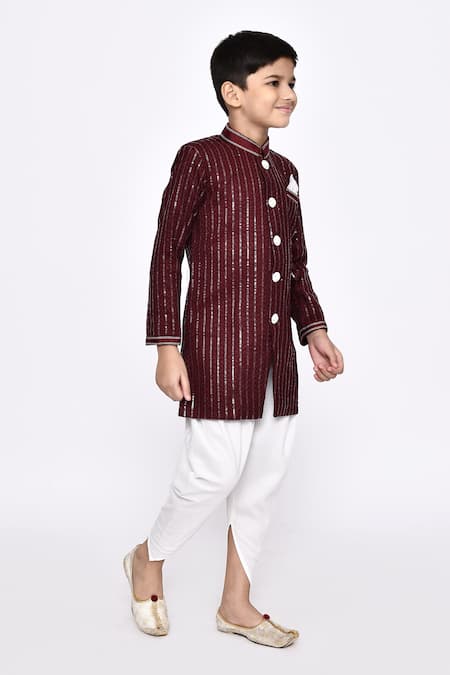 Shop_Petite Pomme_Maroon Silk Sequins Striped Sherwani With Dhoti Pant _Online_at_Aza_Fashions