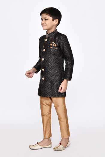Buy_Petite Pomme_Gold Brocade, Silk Embroidery Threadwork Geometric Sherwani With Pyjama _Online_at_Aza_Fashions