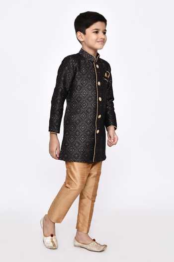 Shop_Petite Pomme_Gold Brocade, Silk Embroidery Threadwork Geometric Sherwani With Pyjama _Online_at_Aza_Fashions