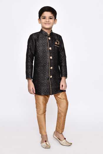 Petite Pomme_Gold Brocade, Silk Embroidery Threadwork Geometric Sherwani With Pyjama _at_Aza_Fashions