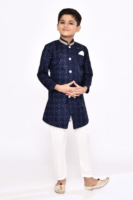 Buy_Petite Pomme_Blue Silk Embroidery Threadwork Sequin Sherwani With Pyjama _Online_at_Aza_Fashions