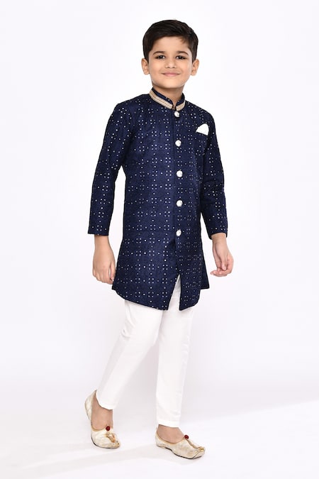 Shop_Petite Pomme_Blue Silk Embroidery Threadwork Sequin Sherwani With Pyjama _Online_at_Aza_Fashions