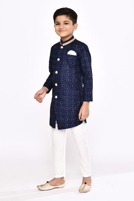 Petite Pomme_Blue Silk Embroidery Threadwork Sequin Sherwani With Pyjama _at_Aza_Fashions