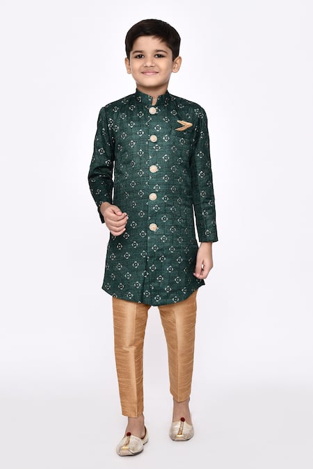 Buy_Petite Pomme_Green Silk Embroidery Sequin Butti Sherwani With Pyjama _Online_at_Aza_Fashions