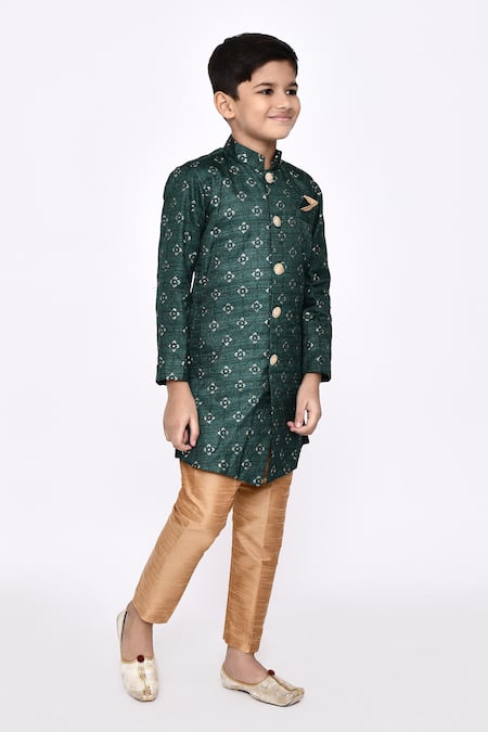 Petite Pomme_Green Silk Embroidery Sequin Butti Sherwani With Pyjama _at_Aza_Fashions