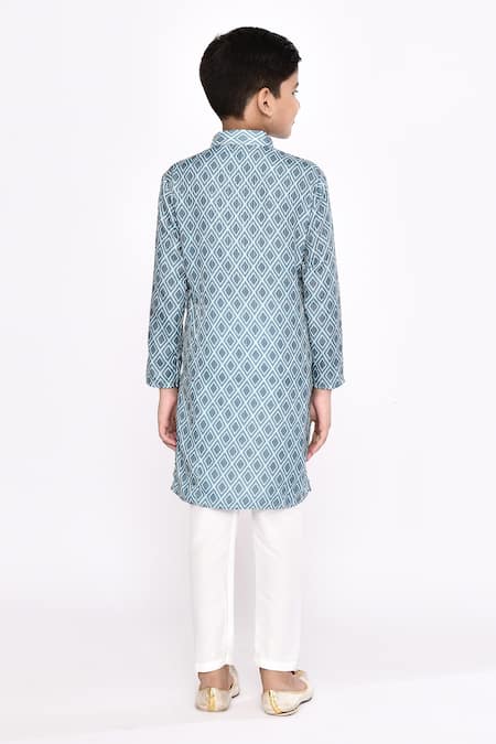 Shop_Petite Pomme_Blue Rayon, Silk Embroidery Geometric Motif Kurta With Pyjama _at_Aza_Fashions
