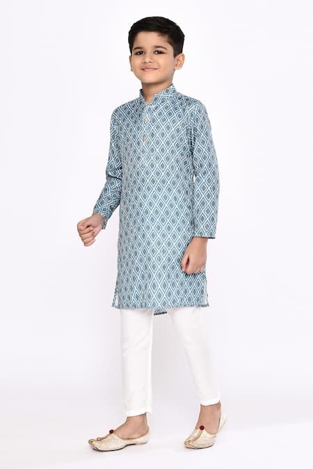 Buy_Petite Pomme_Blue Rayon, Silk Embroidery Geometric Motif Kurta With Pyjama _Online_at_Aza_Fashions