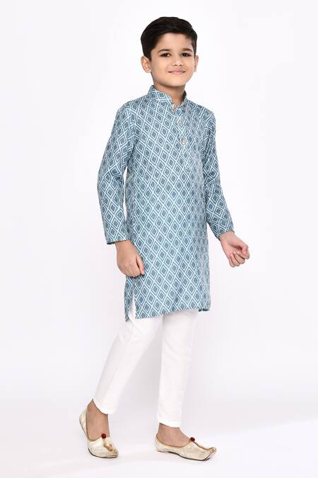 Shop_Petite Pomme_Blue Rayon, Silk Embroidery Geometric Motif Kurta With Pyjama _Online_at_Aza_Fashions