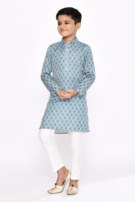 Petite Pomme_Blue Rayon, Silk Embroidery Geometric Motif Kurta With Pyjama _at_Aza_Fashions