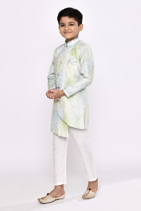 Shop_Petite Pomme_Green , Satin Beads Threadwork Shaded Asymmetric Sherwani With Pyjama _Online_at_Aza_Fashions