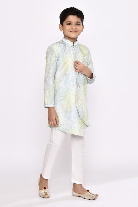 Petite Pomme_Green , Satin Beads Threadwork Shaded Asymmetric Sherwani With Pyjama _at_Aza_Fashions