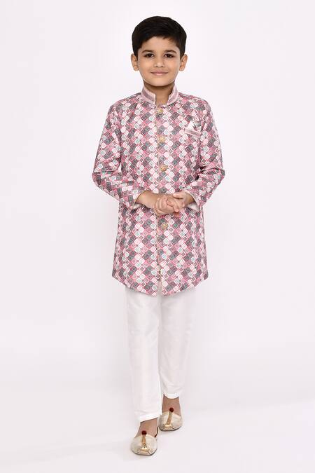 Buy_Petite Pomme_Multi Color Rayon, Silk Embroidery Mosaic Pattern Sherwani With Pyjama _Online_at_Aza_Fashions