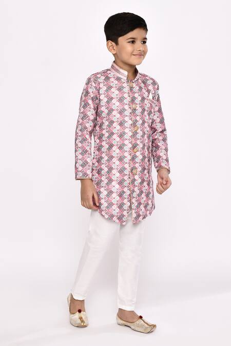 Petite Pomme_Multi Color Rayon, Silk Embroidery Mosaic Pattern Sherwani With Pyjama _at_Aza_Fashions